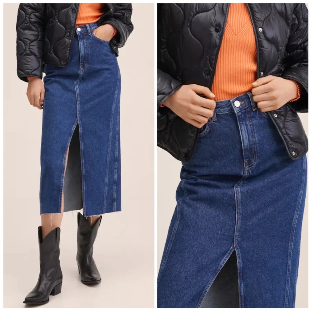 MANGO Dark Wash denim midi skirt with slit